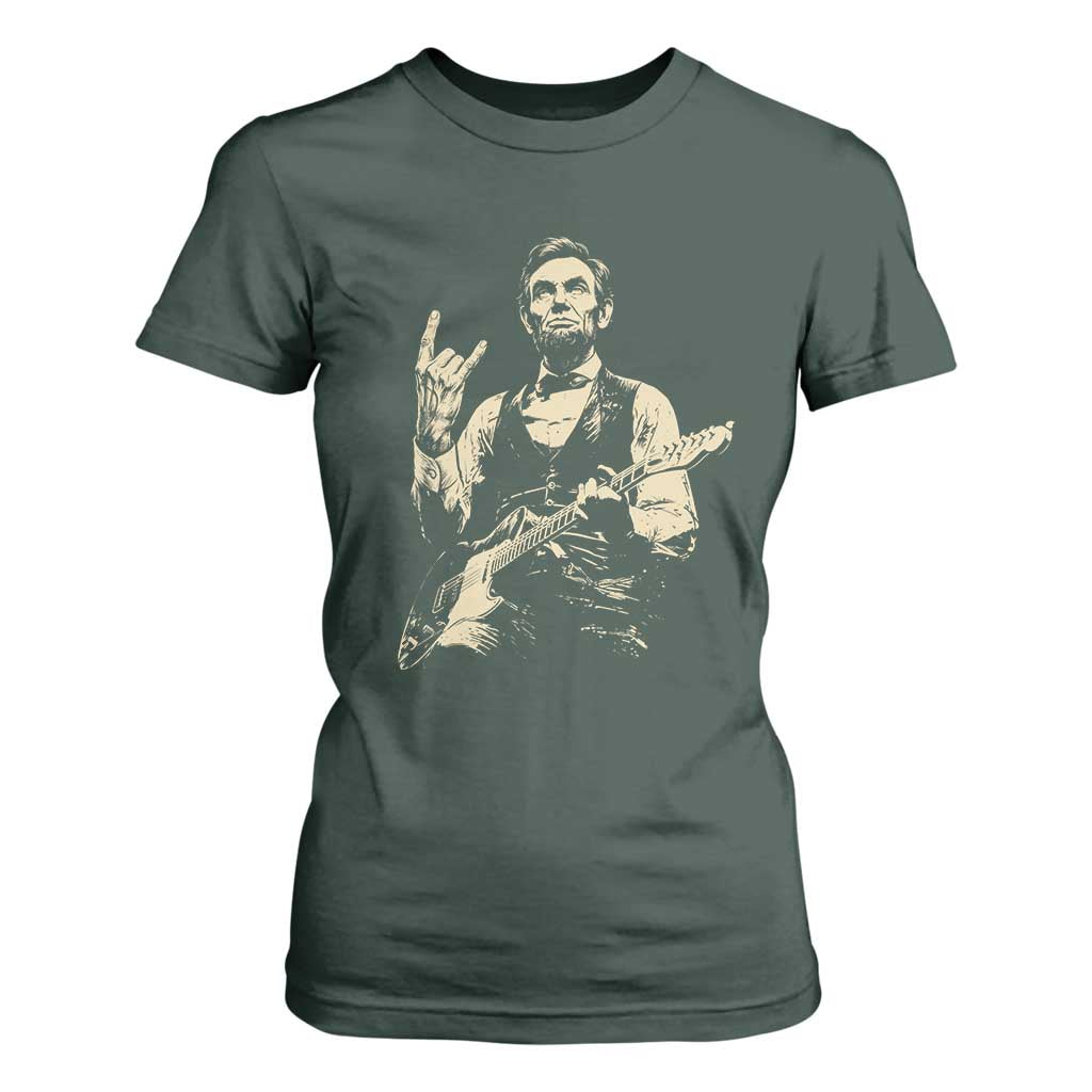 Rock And Roll Abraham Lincoln Playing Guitar T Shirt For Women Vintage Patriotic Music Gift TS12 Dark Forest Green Print Your Wear