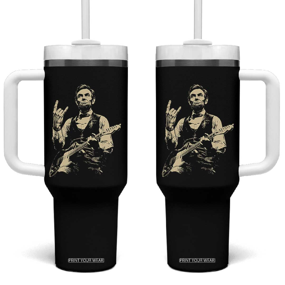Rock And Roll Abraham Lincoln Playing Guitar Tumbler With Handle Vintage Patriotic Music Gift TS12 One Size: 40 oz Black Print Your Wear