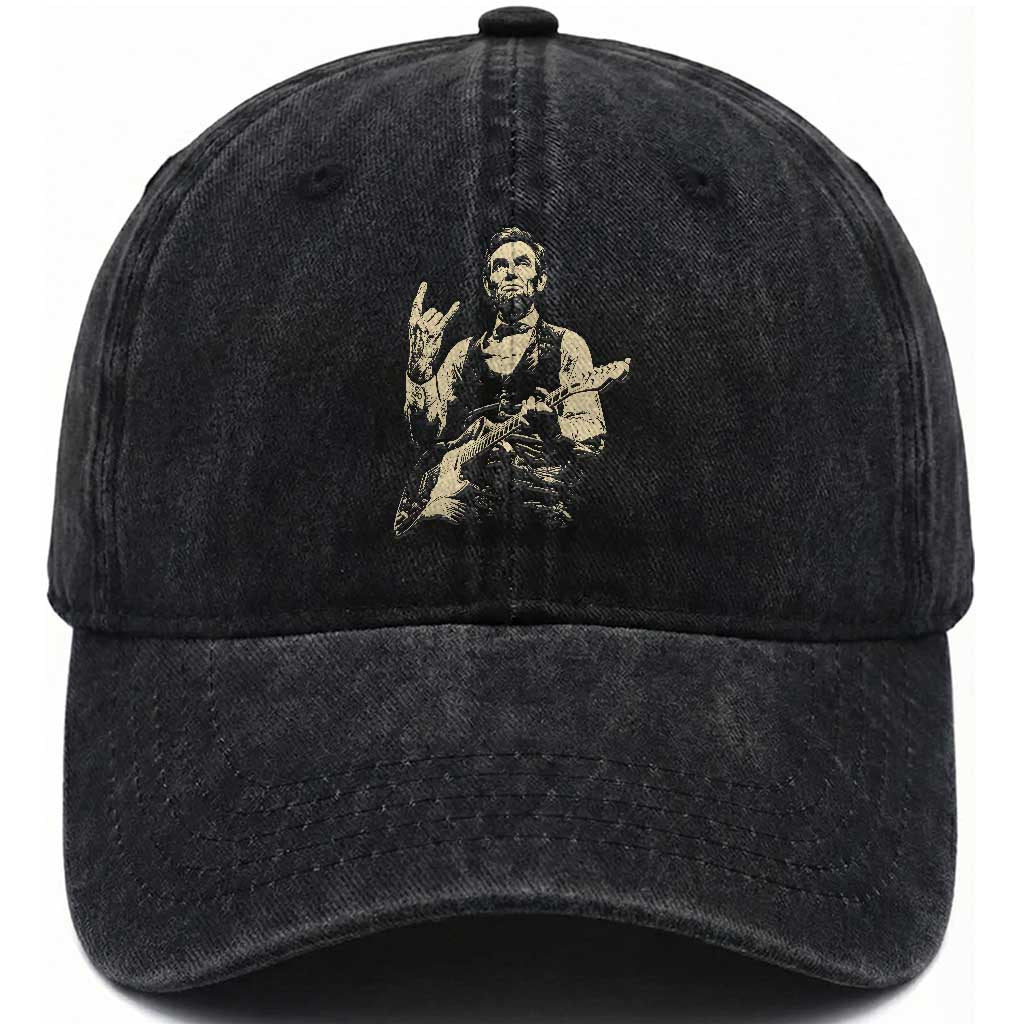 Rock And Roll Abraham Lincoln Playing Guitar Washed Cotton Baseball Cap Vintage Patriotic Music Gift TS12 Print Your Wear