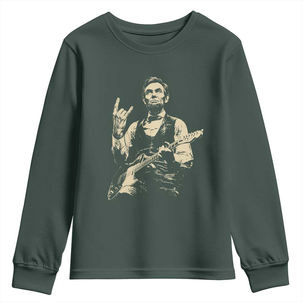 Rock And Roll Abraham Lincoln Playing Guitar Youth Sweatshirt Vintage Patriotic Music Gift TS12 Dark Forest Green Print Your Wear