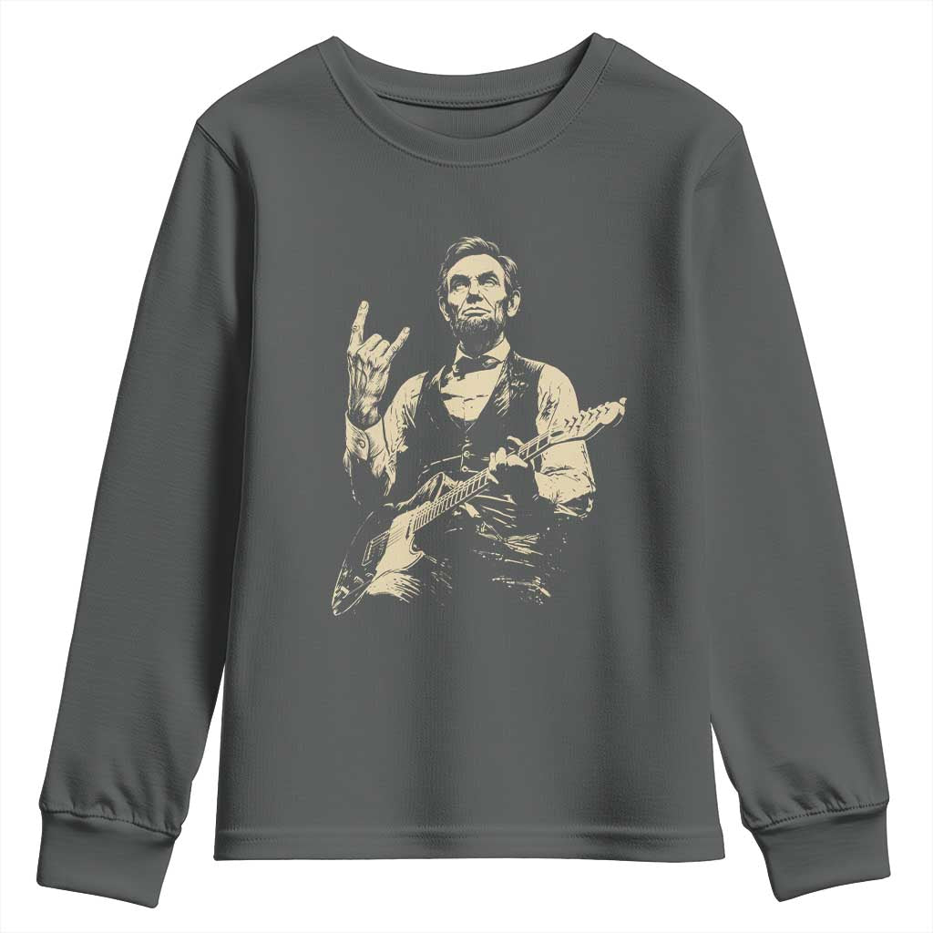 Rock And Roll Abraham Lincoln Playing Guitar Youth Sweatshirt Vintage Patriotic Music Gift TS12 Dark Heather Print Your Wear