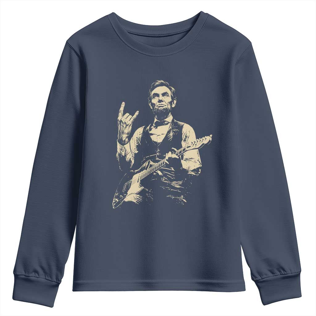 Rock And Roll Abraham Lincoln Playing Guitar Youth Sweatshirt Vintage Patriotic Music Gift TS12 Navy Print Your Wear