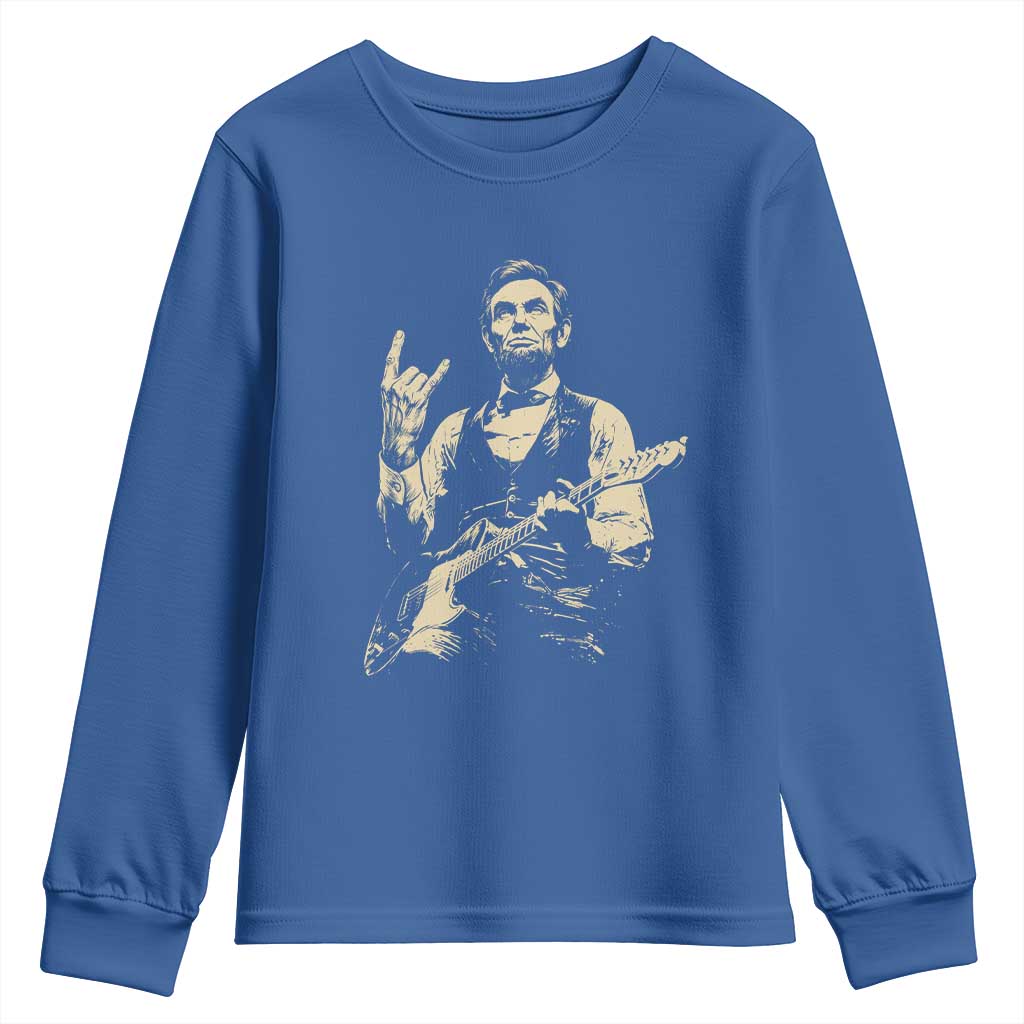 Rock And Roll Abraham Lincoln Playing Guitar Youth Sweatshirt Vintage Patriotic Music Gift TS12 Royal Blue Print Your Wear