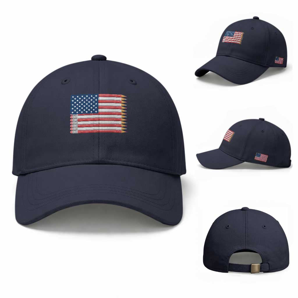 Pencil Stripes USA Flag Baseball Cap Proud American Teacher Graduation Gift TS12 Baseball Cap Universal Fit Navy Print Your Wear