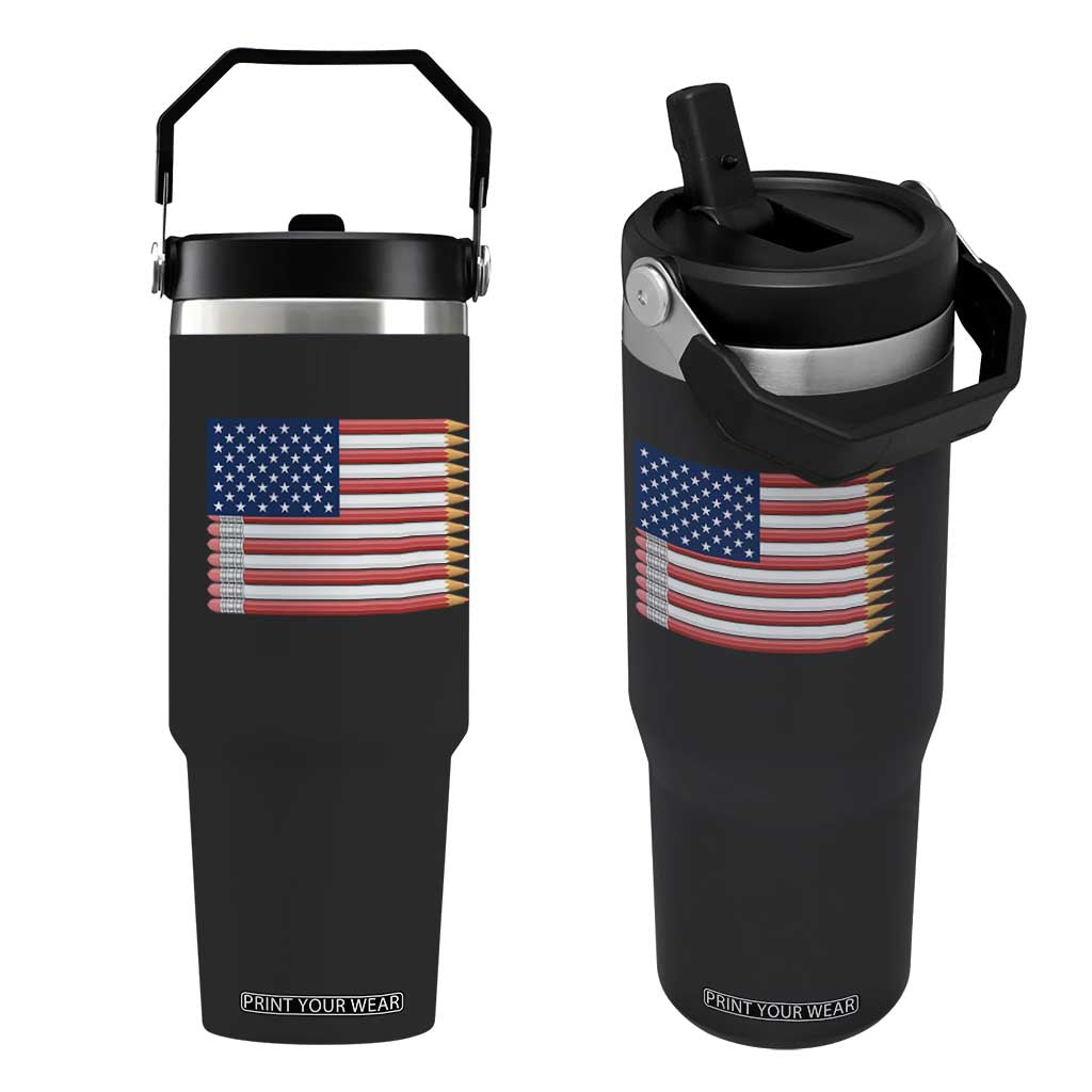 Pencil Stripes USA Flag Flip Straw Tumbler Proud American Teacher Graduation Gift TS12 One Size: 30 oz Black Print Your Wear
