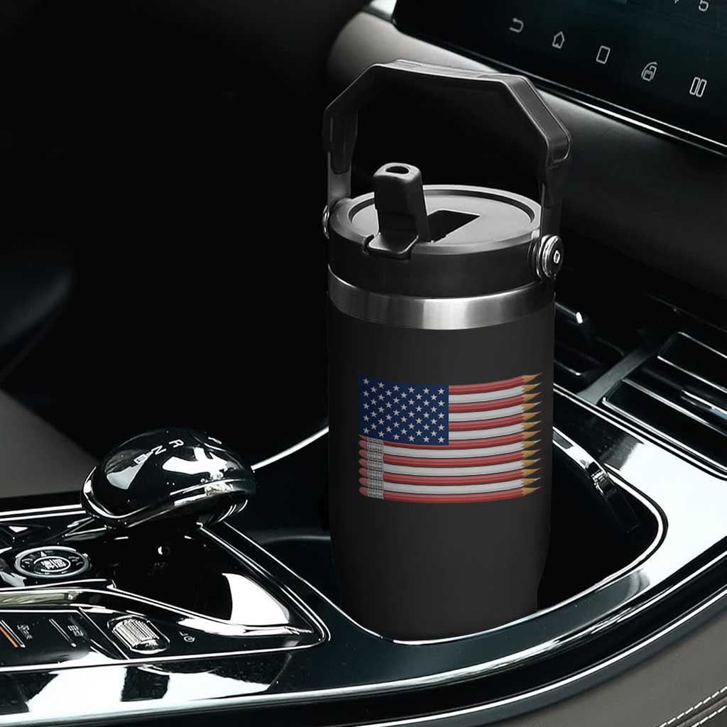 Pencil Stripes USA Flag Flip Straw Tumbler Proud American Teacher Graduation Gift TS12 Print Your Wear