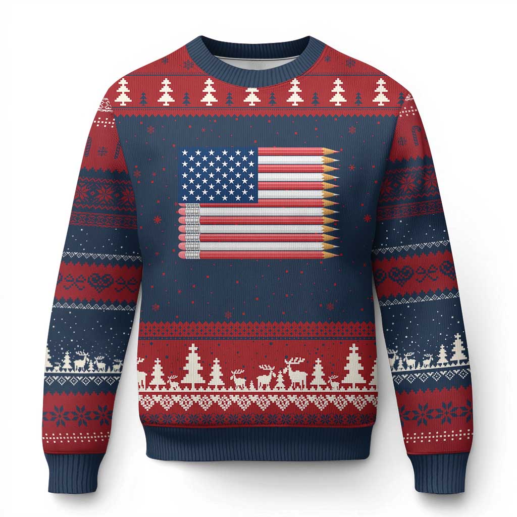 Pencil Stripes USA Flag Ugly Christmas Sweater Proud American Teacher Graduation Gift TS12 Navy Red Print Your Wear