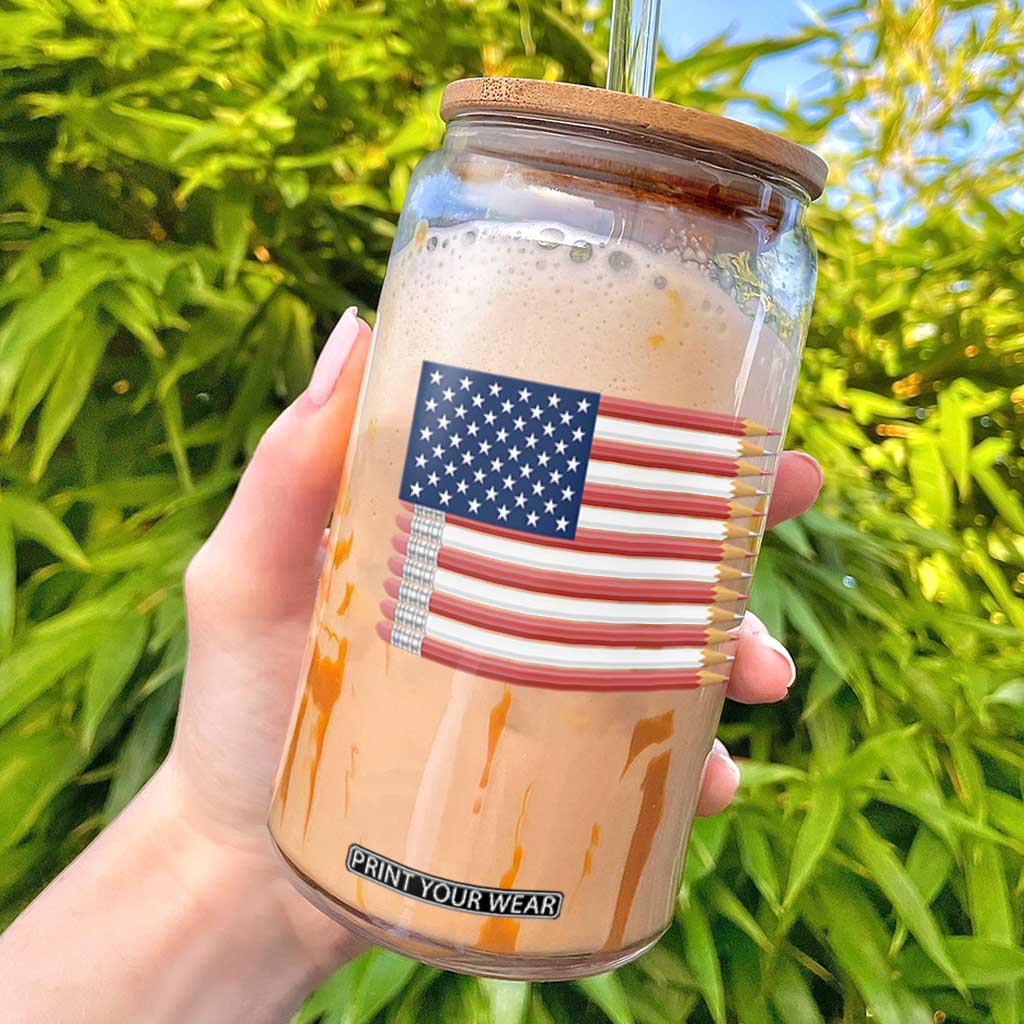 Pencil Stripes USA Flag Glass Can Proud American Teacher Graduation Gift TS12 Black Print Your Wear