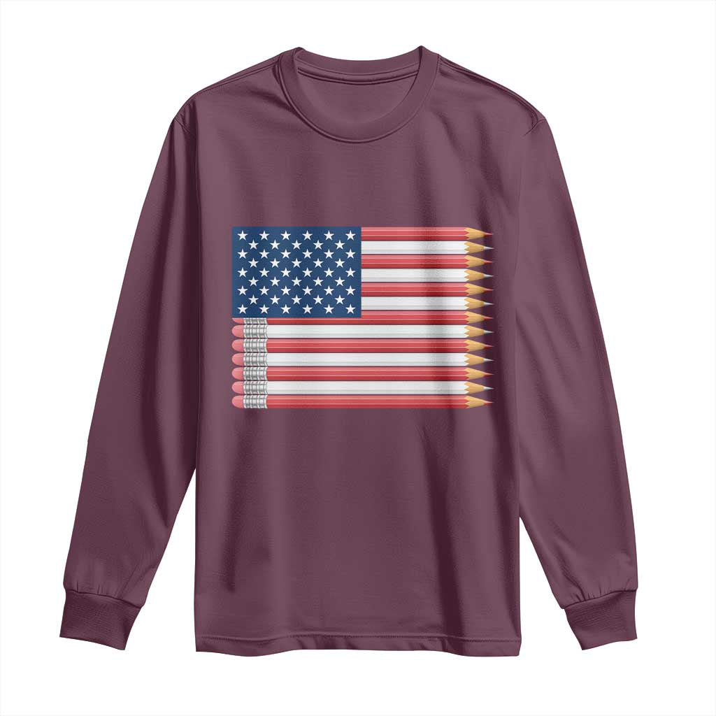 Pencil Stripes USA Flag Long Sleeve Shirt Proud American Teacher Graduation Gift TS12 Maroon Print Your Wear