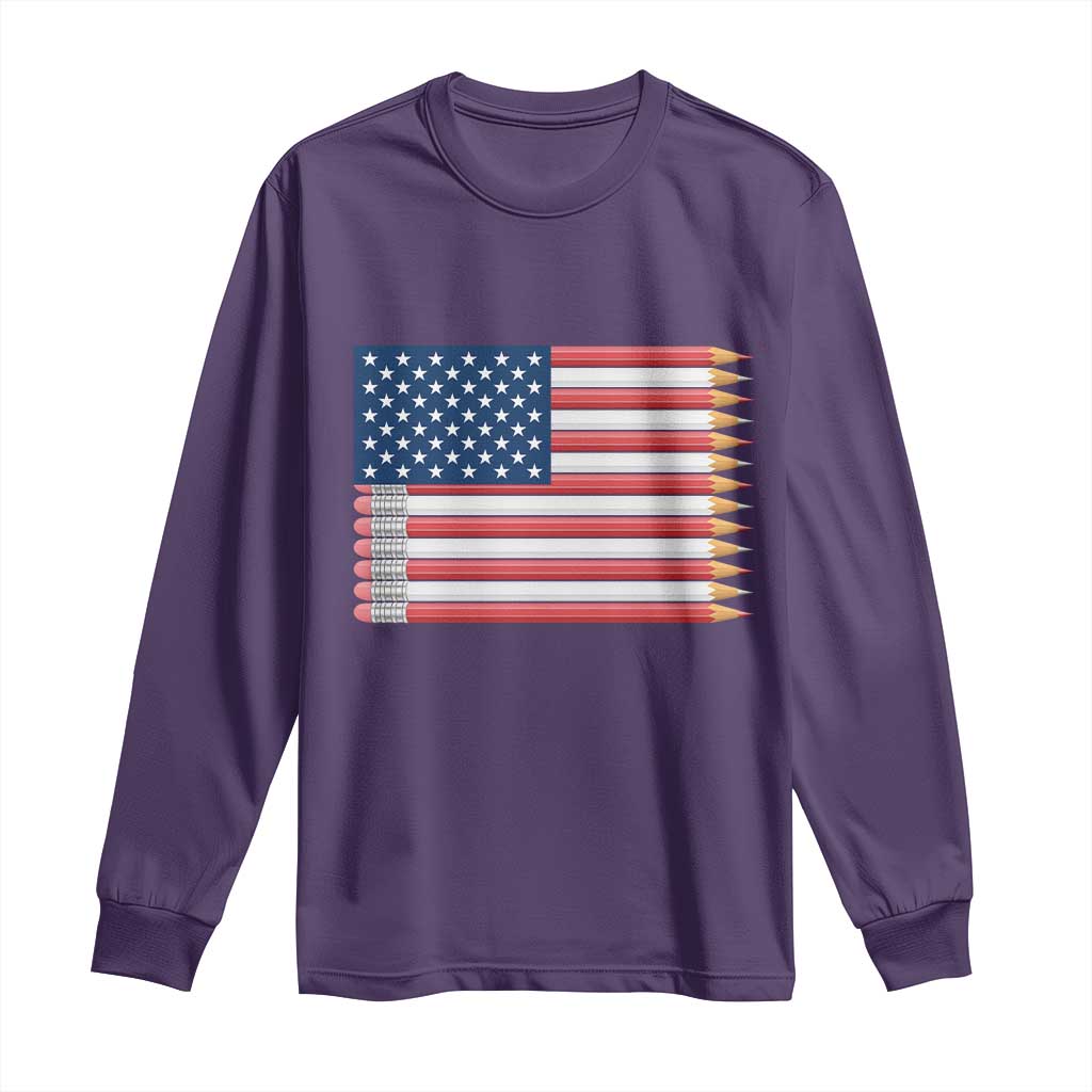 Pencil Stripes USA Flag Long Sleeve Shirt Proud American Teacher Graduation Gift TS12 Purple Print Your Wear