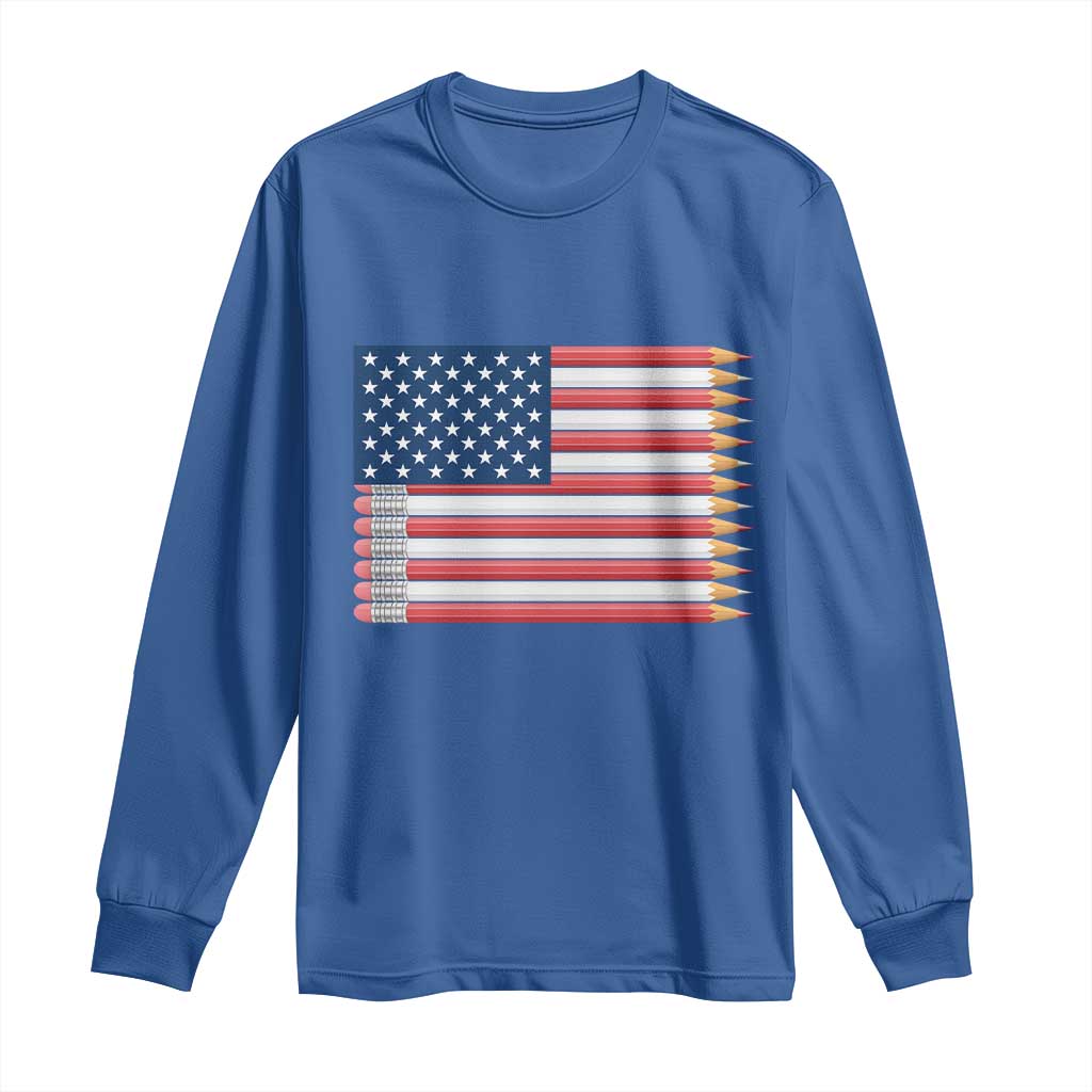 Pencil Stripes USA Flag Long Sleeve Shirt Proud American Teacher Graduation Gift TS12 Royal Blue Print Your Wear