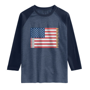 Pencil Stripes USA Flag Raglan Shirt Proud American Teacher Graduation Gift TS12 Heather Denim Navy Print Your Wear