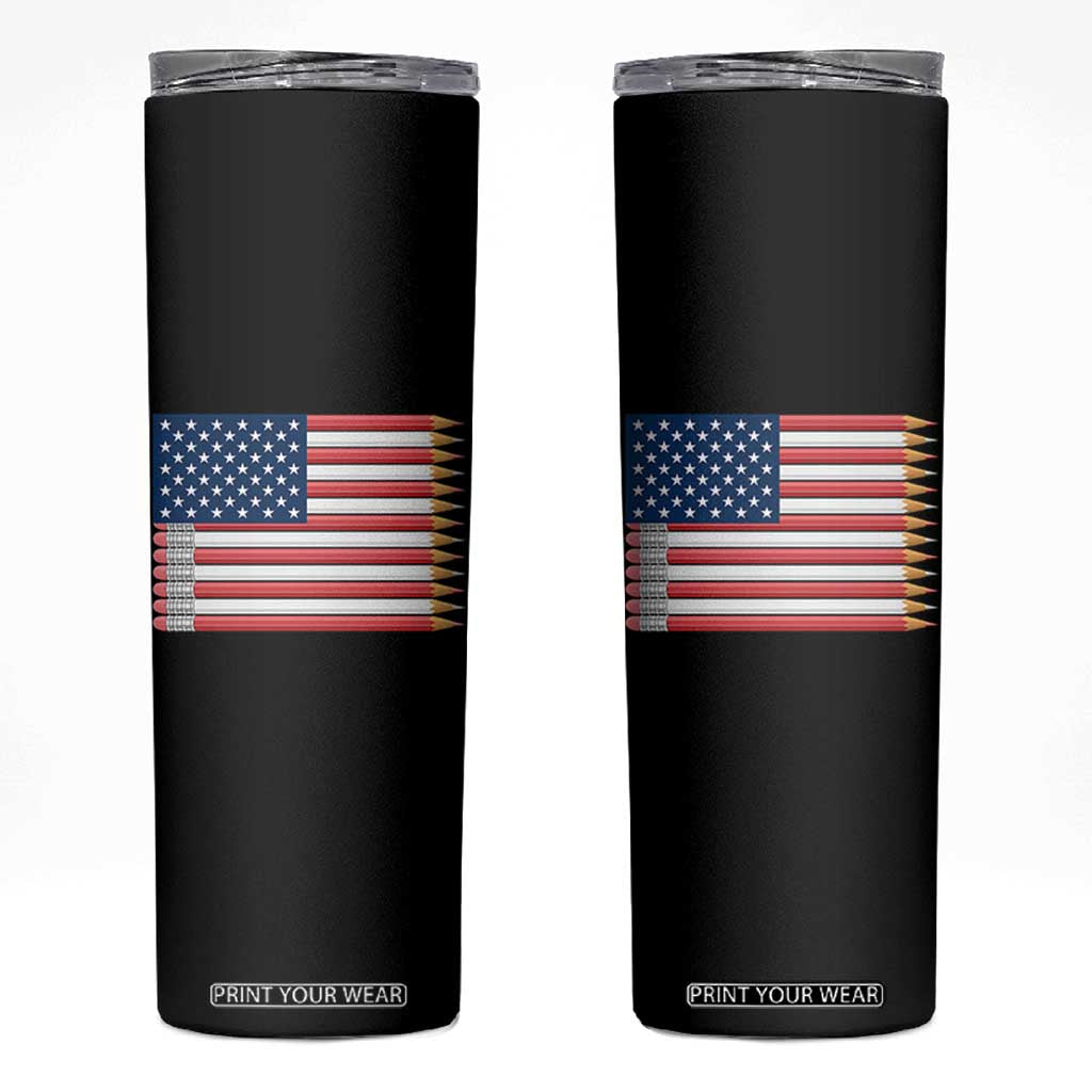 Pencil Stripes USA Flag Skinny Tumbler Proud American Teacher Graduation Gift TS12 Black Print Your Wear