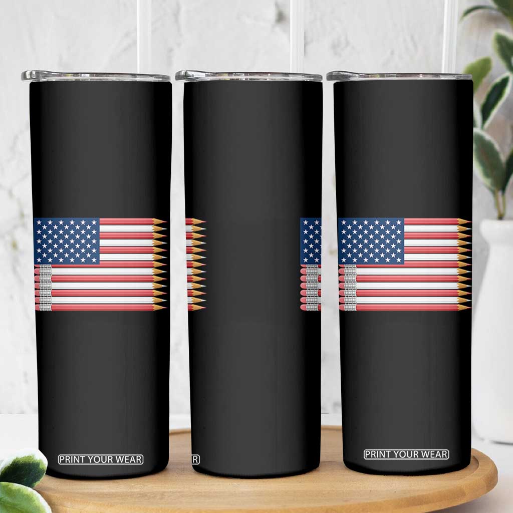 Pencil Stripes USA Flag Skinny Tumbler Proud American Teacher Graduation Gift TS12 Print Your Wear