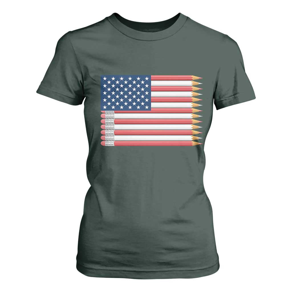 Pencil Stripes USA Flag T Shirt For Women Proud American Teacher Graduation Gift TS12 Dark Forest Green Print Your Wear