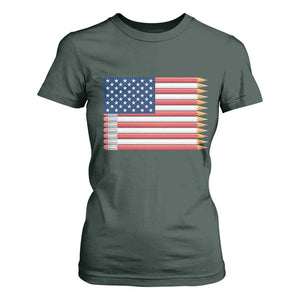 Pencil Stripes USA Flag T Shirt For Women Proud American Teacher Graduation Gift TS12 Dark Forest Green Print Your Wear