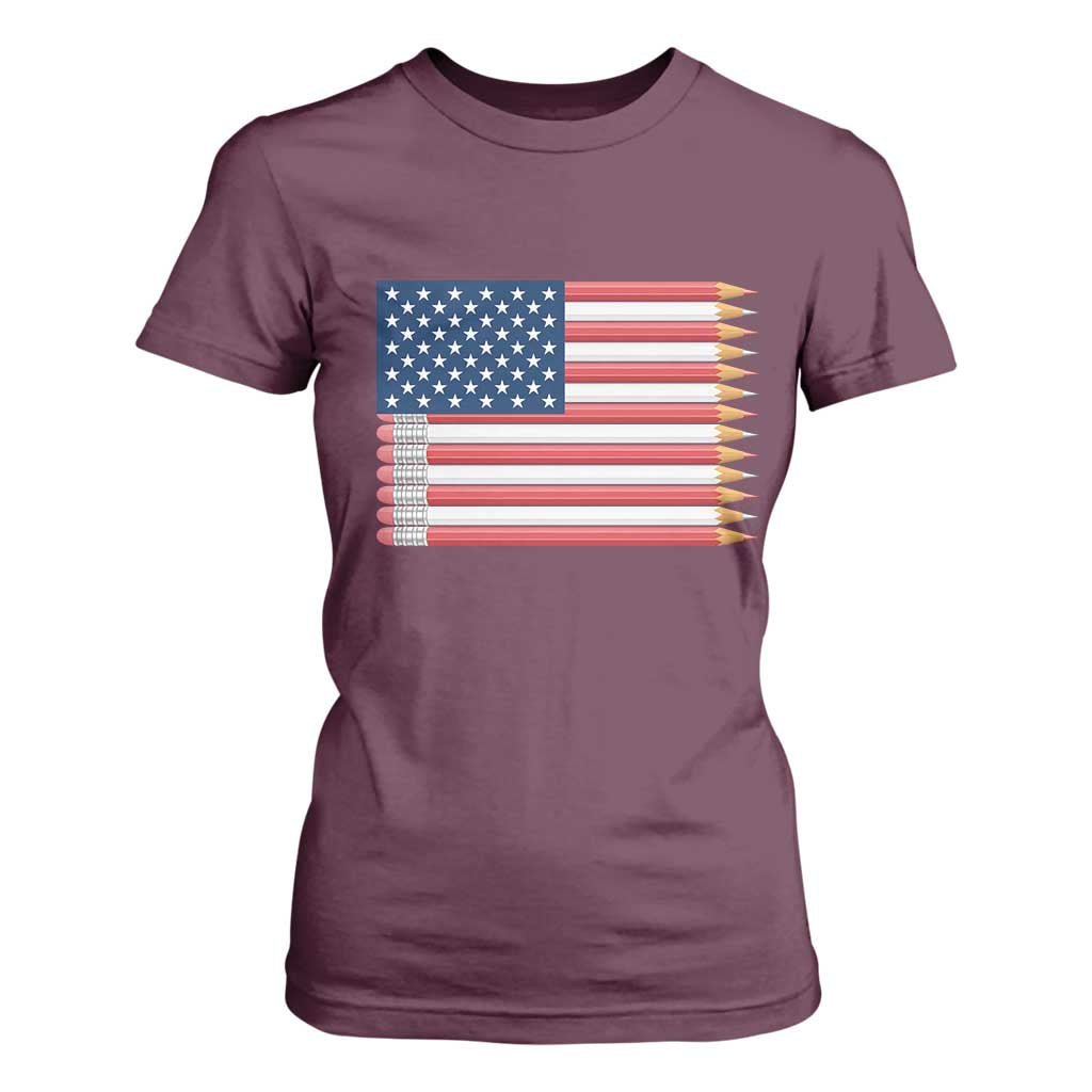 Pencil Stripes USA Flag T Shirt For Women Proud American Teacher Graduation Gift TS12 Maroon Print Your Wear