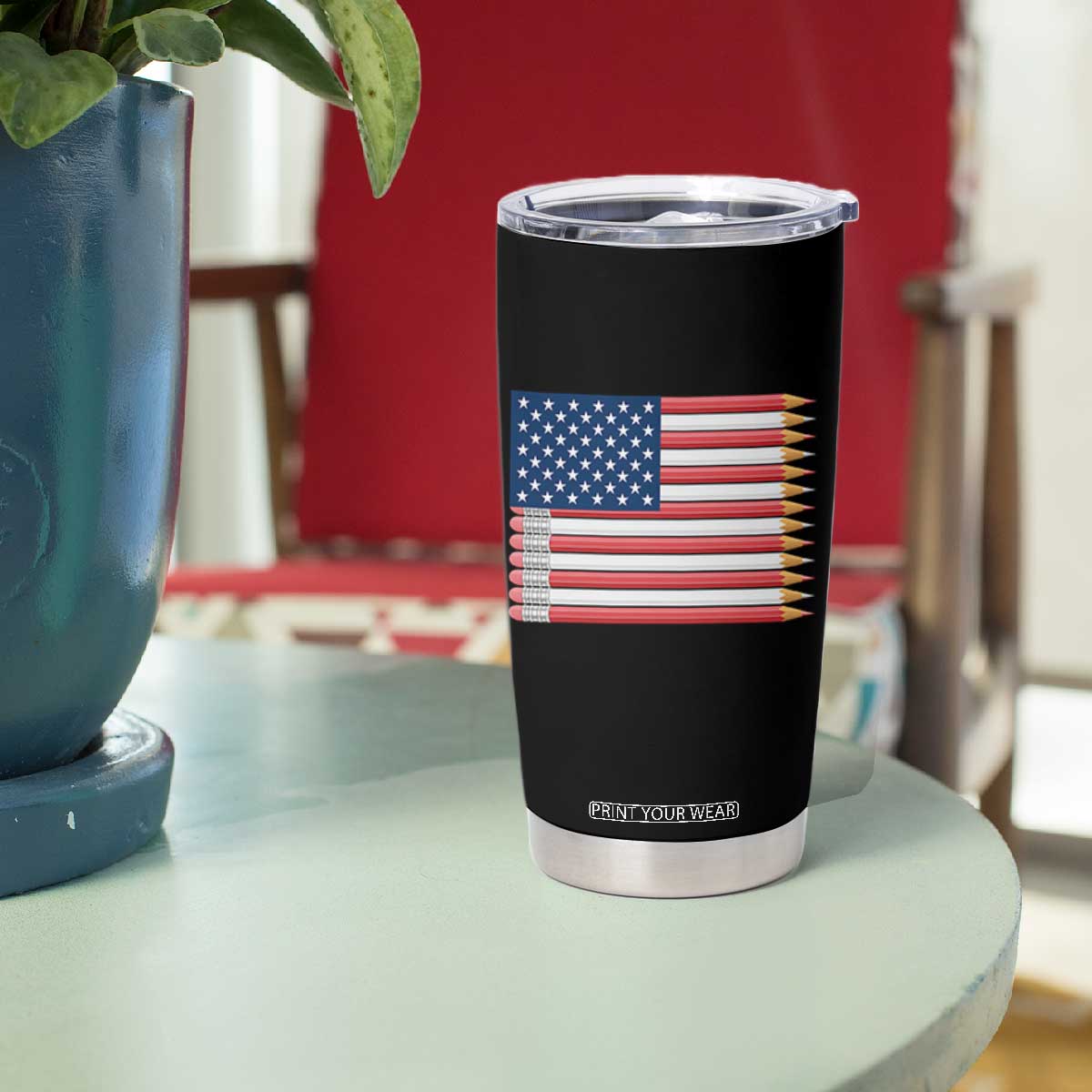 Pencil Stripes USA Flag Tumbler Cup Proud American Teacher Graduation Gift TS12 Print Your Wear