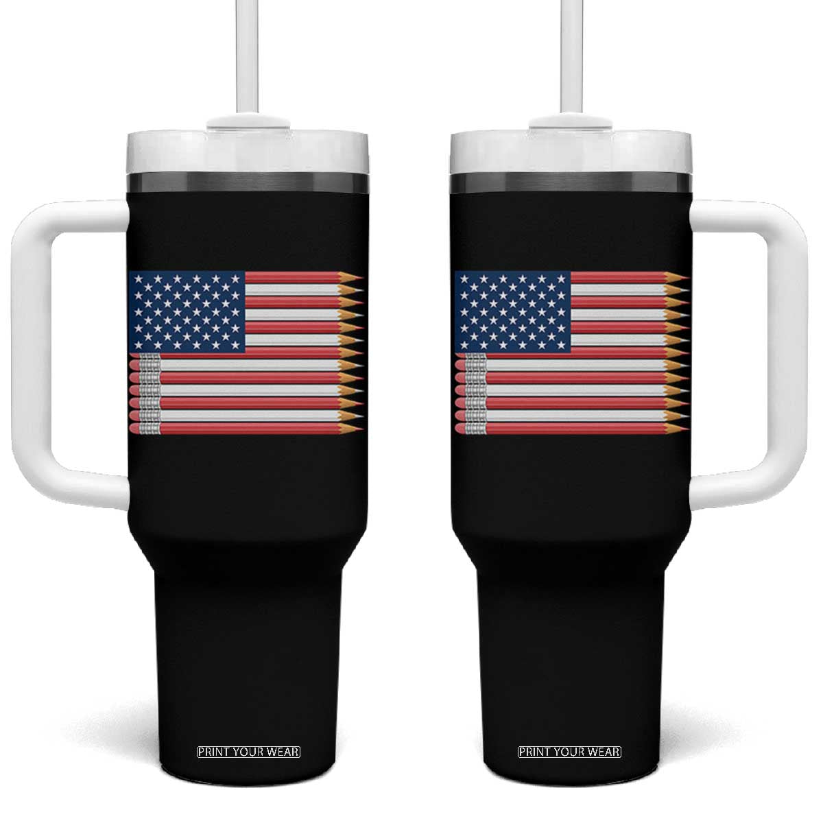 Pencil Stripes USA Flag Tumbler With Handle Proud American Teacher Graduation Gift TS12 One Size: 40 oz Black Print Your Wear
