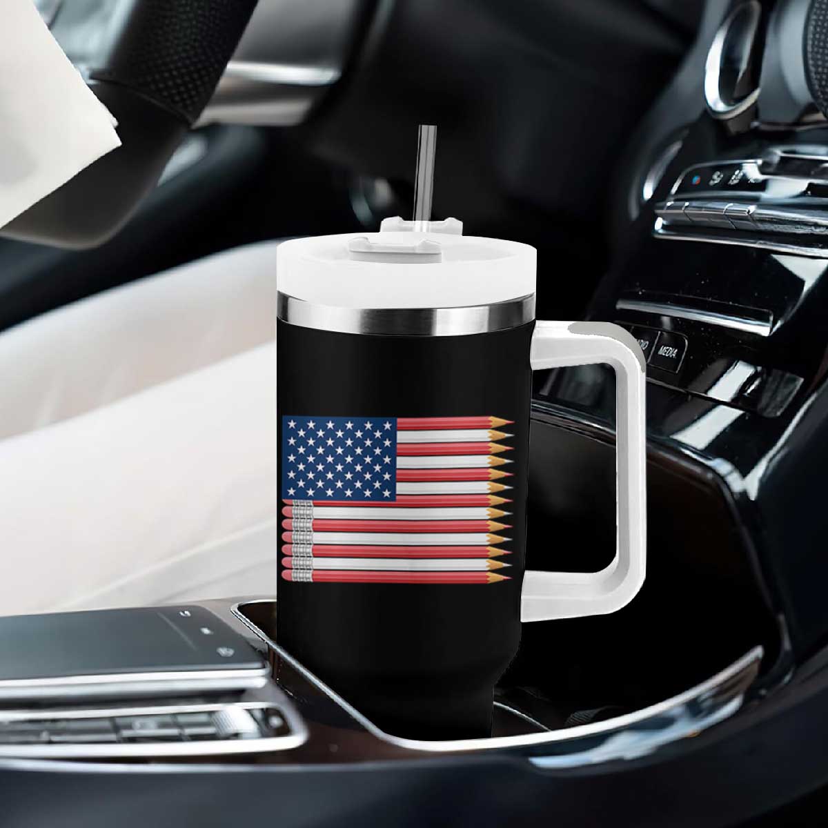 Pencil Stripes USA Flag Tumbler With Handle Proud American Teacher Graduation Gift TS12 Print Your Wear
