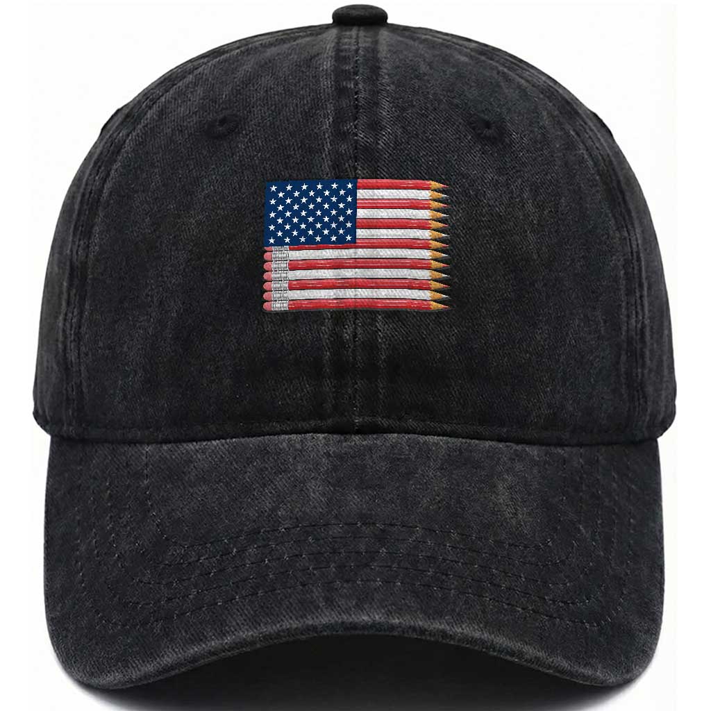 Pencil Stripes USA Flag Washed Cotton Baseball Cap Proud American Teacher Graduation Gift TS12 Print Your Wear