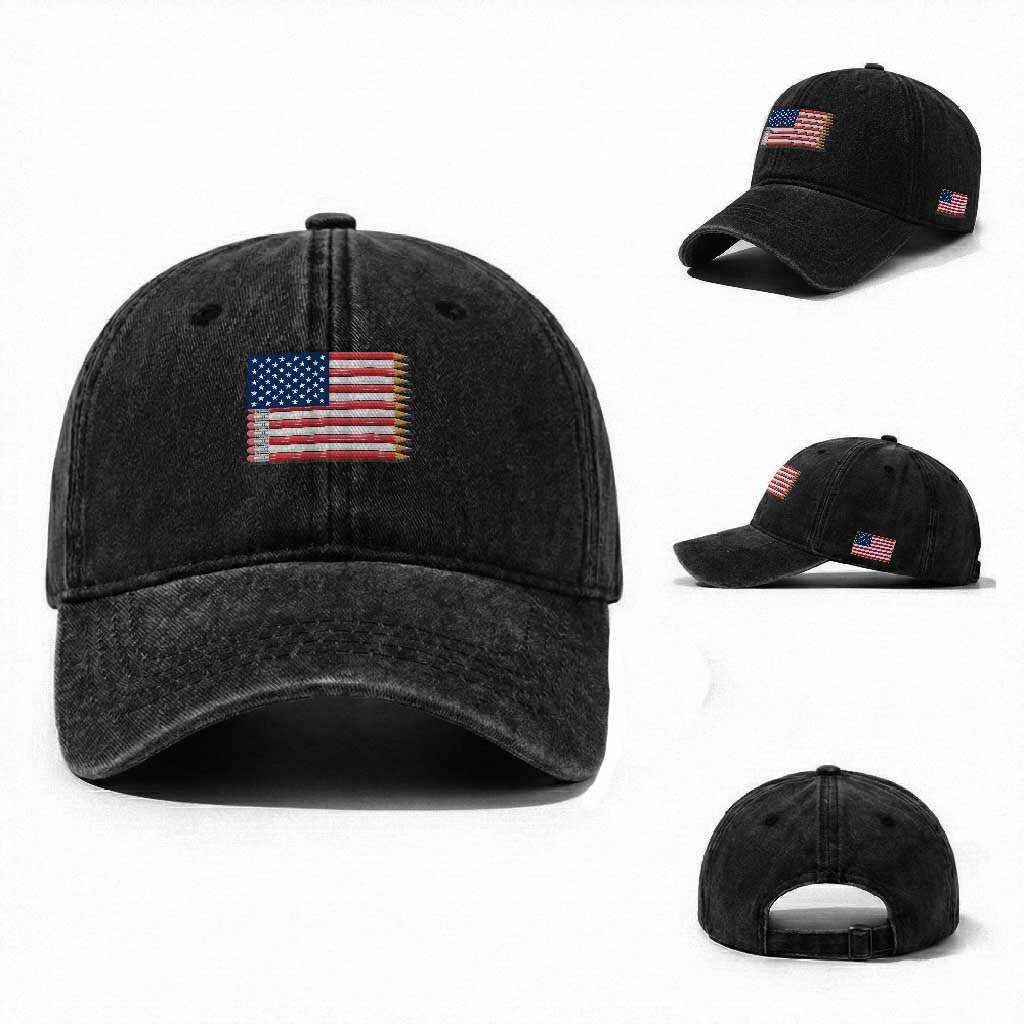 Pencil Stripes USA Flag Washed Cotton Baseball Cap Proud American Teacher Graduation Gift TS12 Washed Cap Universal Fit Black Print Your Wear