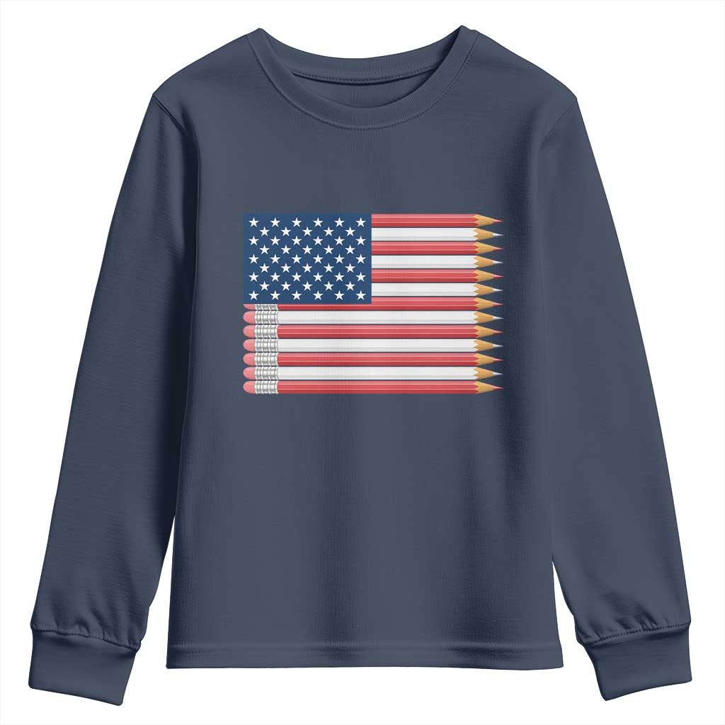 Pencil Stripes USA Flag Youth Sweatshirt Proud American Teacher Graduation Gift TS12 Navy Print Your Wear