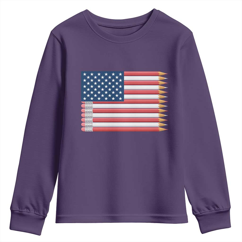 Pencil Stripes USA Flag Youth Sweatshirt Proud American Teacher Graduation Gift TS12 Purple Print Your Wear