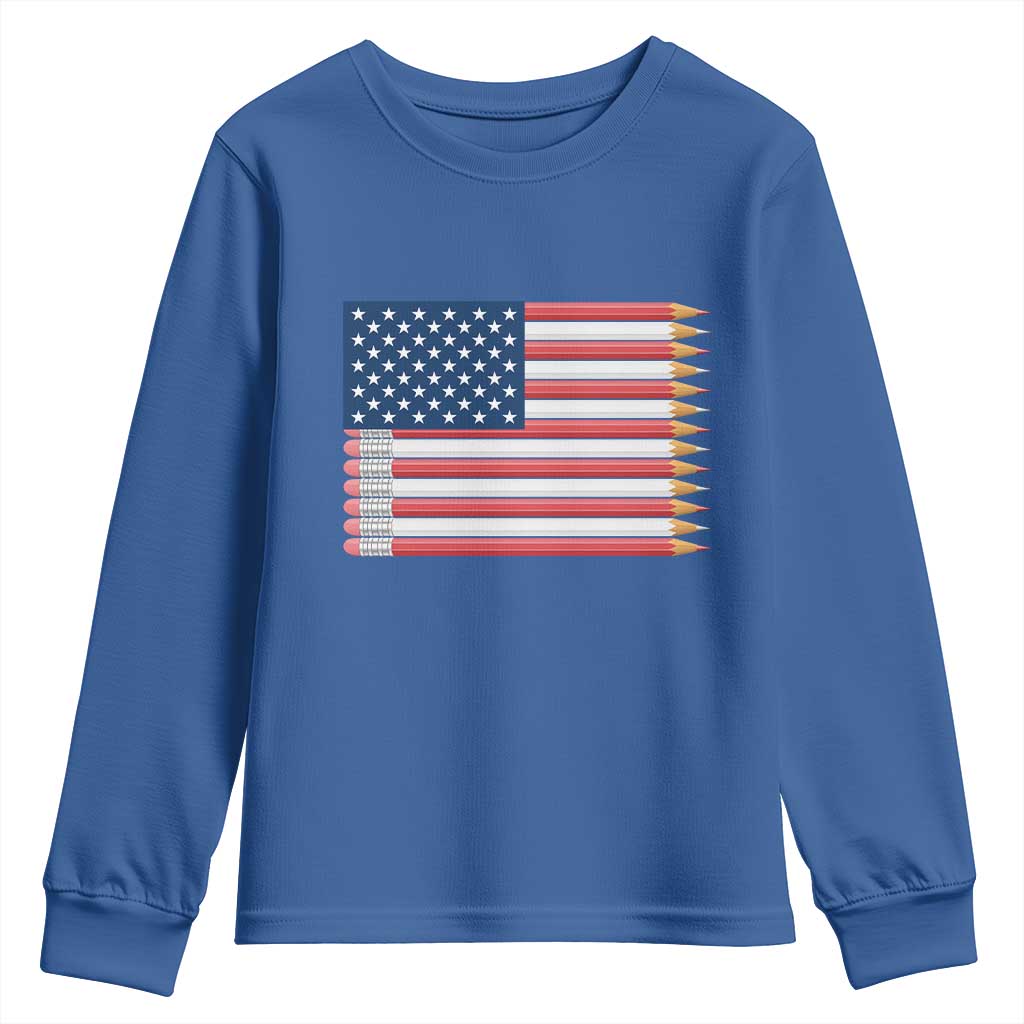 Pencil Stripes USA Flag Youth Sweatshirt Proud American Teacher Graduation Gift TS12 Royal Blue Print Your Wear