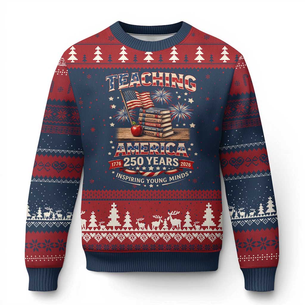 American Teacher Gift Ugly Christmas Sweater Inspiring Young Minds 250th Anniversary TS12 Navy Red Print Your Wear