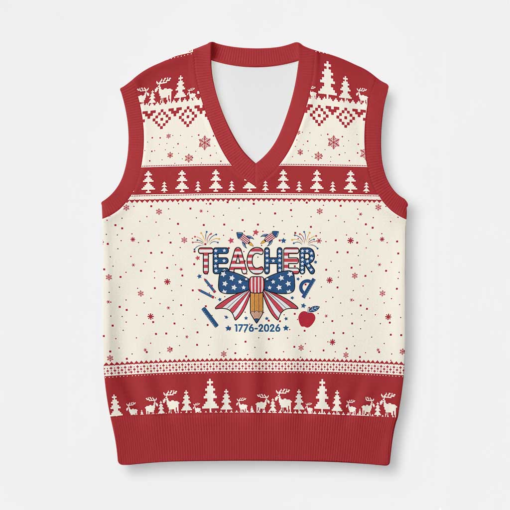 Proud American Teacher 250 Years V-Neck Knit Sweater Vest Patriotic Educator Gift TS12 Beige Red Print Your Wear