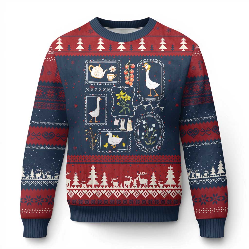 Cottagecore Farm Duck Ugly Christmas Sweater Floral Wildflower Garden Graphic TS12 Navy Red Print Your Wear