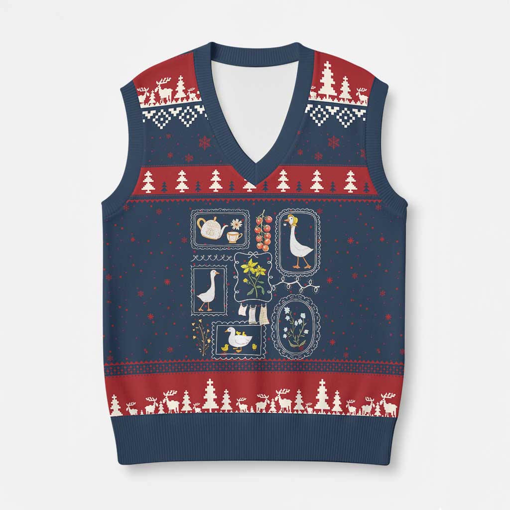 Cottagecore Farm Duck V-Neck Knit Sweater Vest Floral Wildflower Garden Graphic TS12 Navy Red Print Your Wear