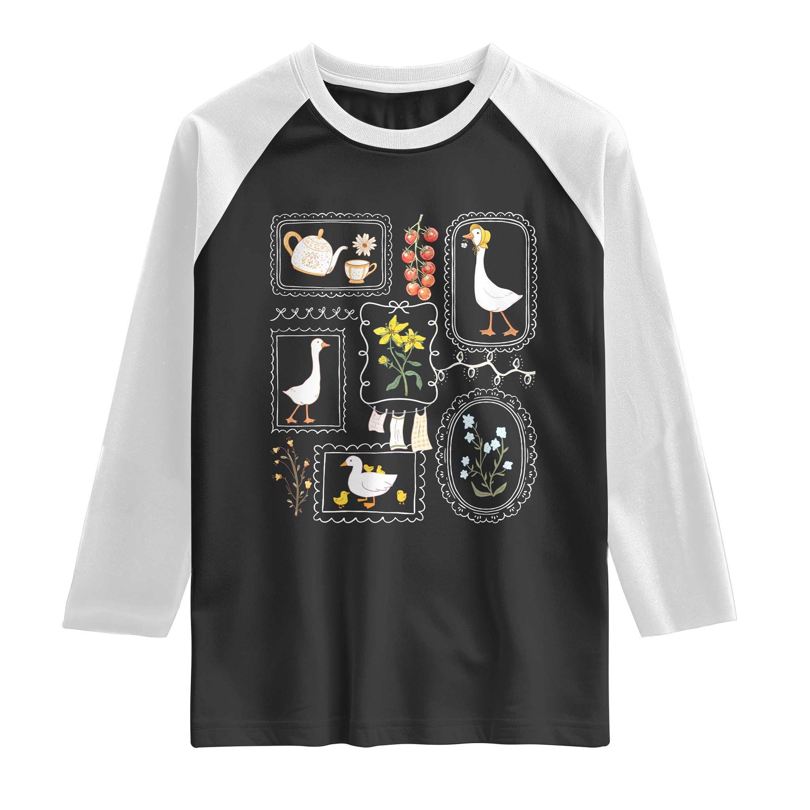Cottagecore Farm Duck Raglan Shirt Floral Wildflower Garden Graphic TS12 Black White Print Your Wear