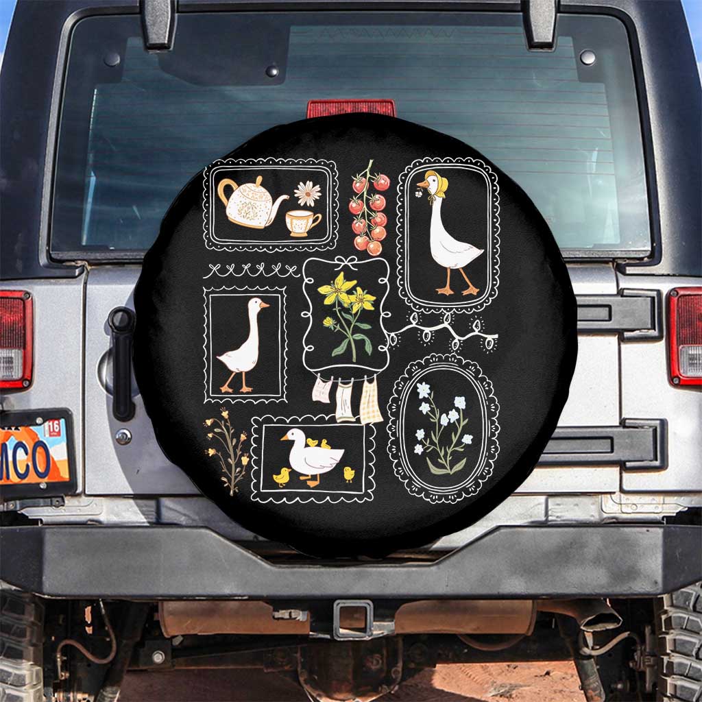 Cottagecore Farm Duck Spare Tire Cover Floral Wildflower Garden Graphic TS12 No hole Black Print Your Wear
