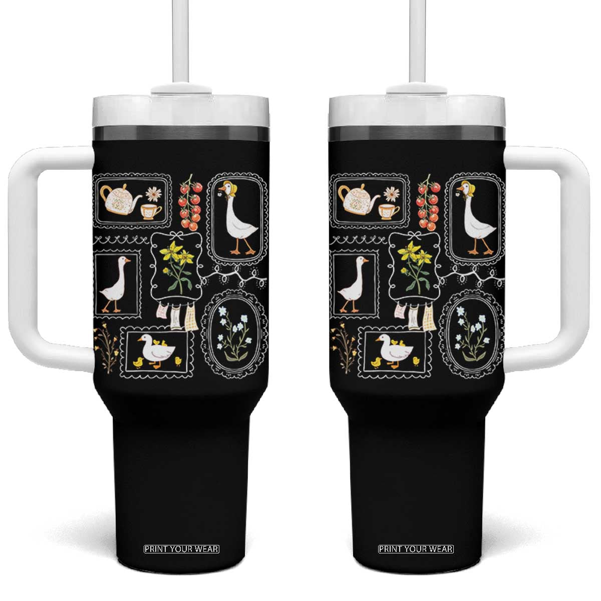 Cottagecore Farm Duck Tumbler With Handle Floral Wildflower Garden Graphic TS12 One Size: 40 oz Black Print Your Wear