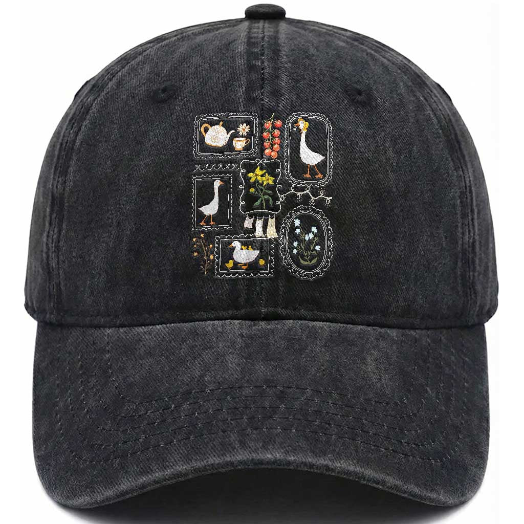 Cottagecore Farm Duck Washed Cotton Baseball Cap Floral Wildflower Garden Graphic TS12 Print Your Wear