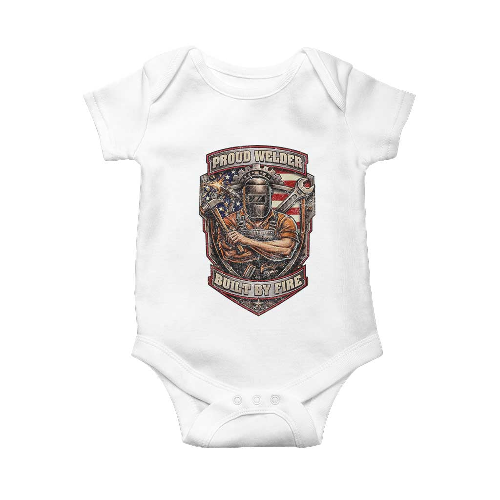Vintage Proud American Welder Baby Onesie Built By Fire Blue Collar Dad Gift TS12 White Print Your Wear