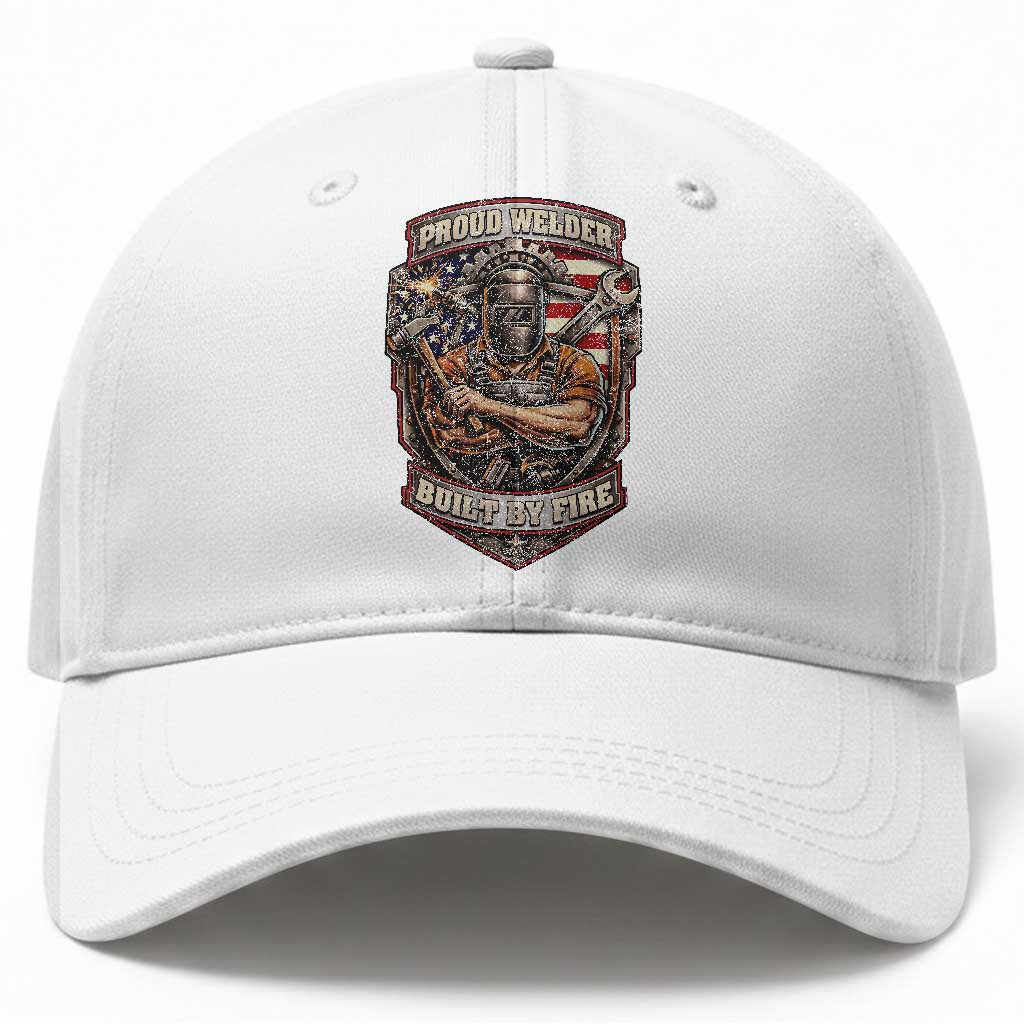 Vintage Proud American Welder Baseball Cap Built By Fire Blue Collar Dad Gift