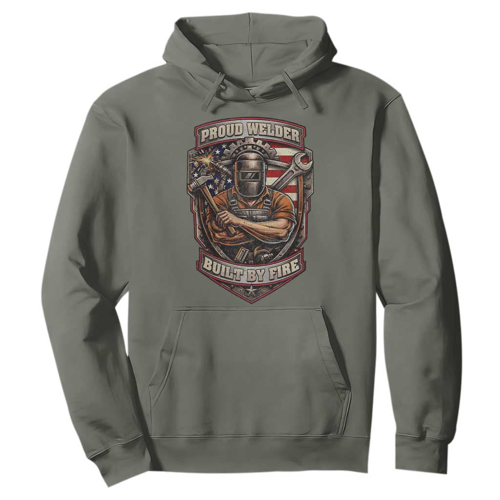 Vintage Proud American Welder Hoodie Built By Fire Blue Collar Dad Gift TS12 Military Green Print Your Wear
