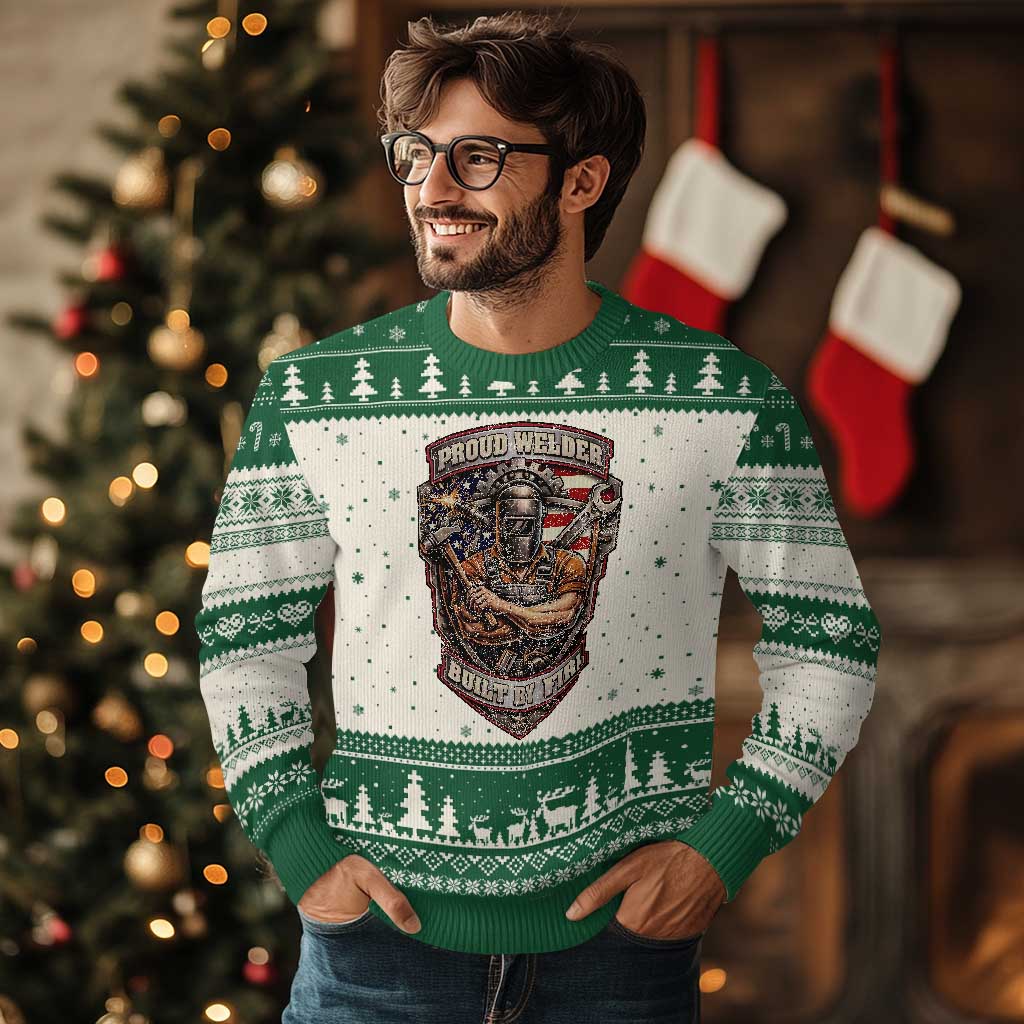 Vintage Proud American Welder Ugly Christmas Sweater Built By Fire Blue Collar Dad Gift