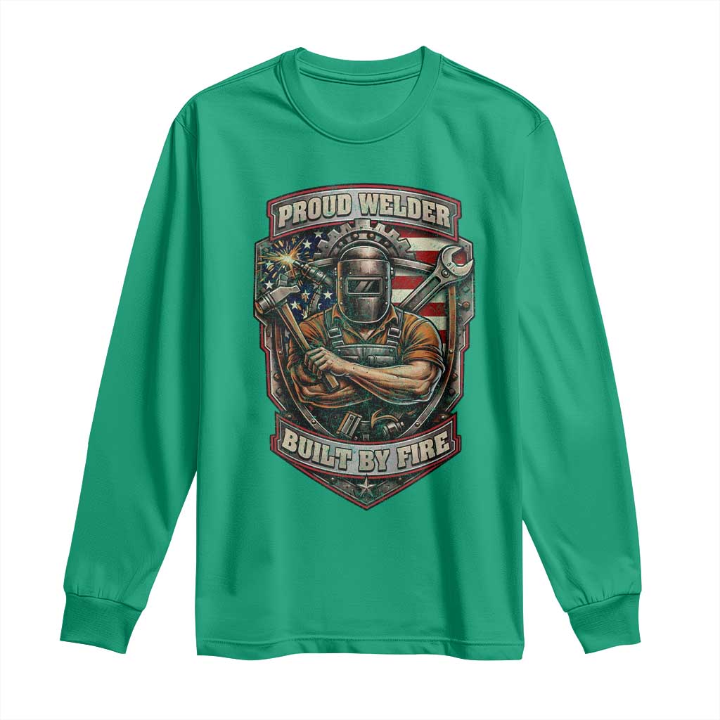 Vintage Proud American Welder Long Sleeve Shirt Built By Fire Blue Collar Dad Gift TS12 Irish Green Print Your Wear