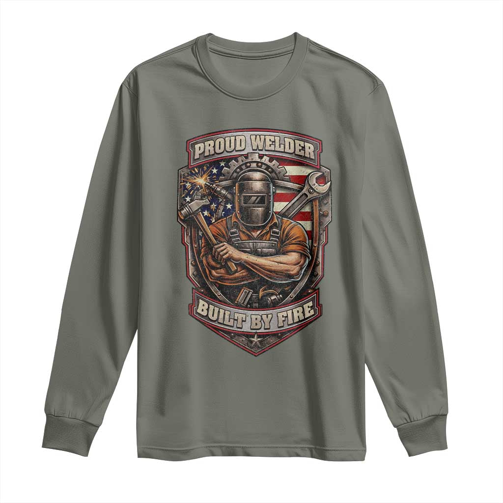 Vintage Proud American Welder Long Sleeve Shirt Built By Fire Blue Collar Dad Gift TS12 Military Green Print Your Wear