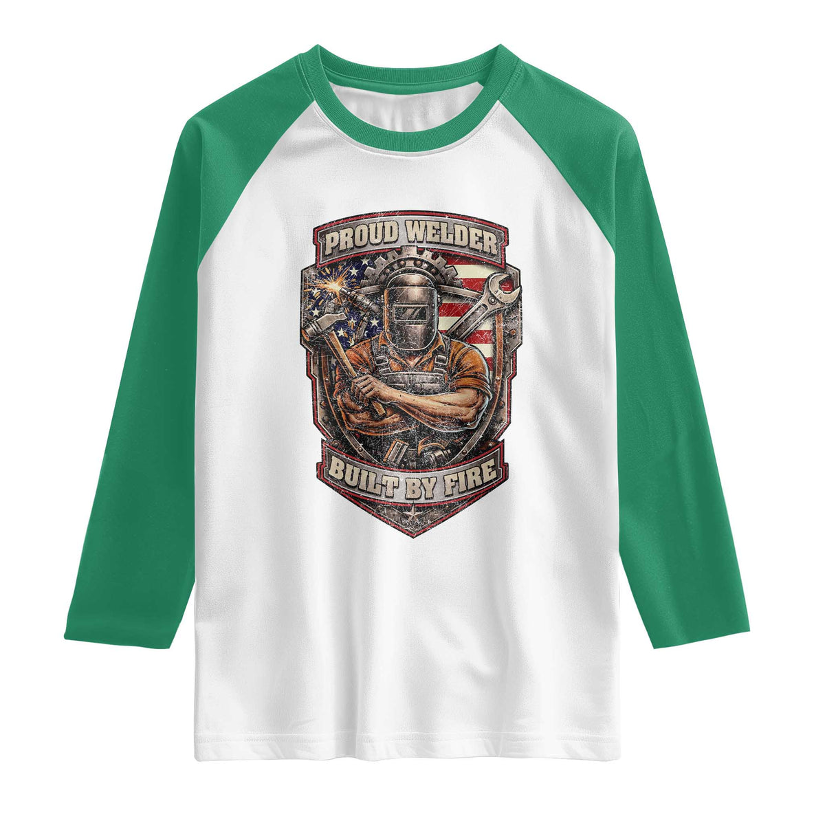 Vintage Proud American Welder Raglan Shirt Built By Fire Blue Collar Dad Gift TS12 White Kelly Green Print Your Wear
