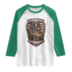Vintage Proud American Welder Raglan Shirt Built By Fire Blue Collar Dad Gift TS12 White Kelly Green Print Your Wear