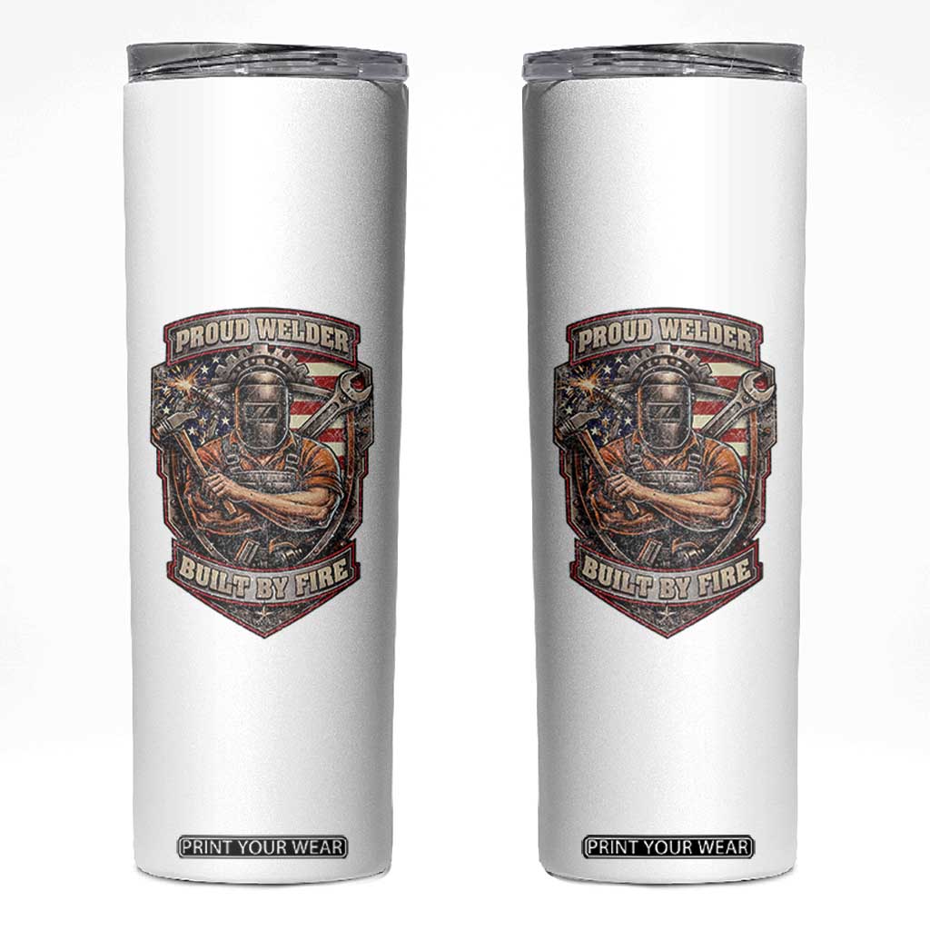 Vintage Proud American Welder Skinny Tumbler Built By Fire Blue Collar Dad Gift