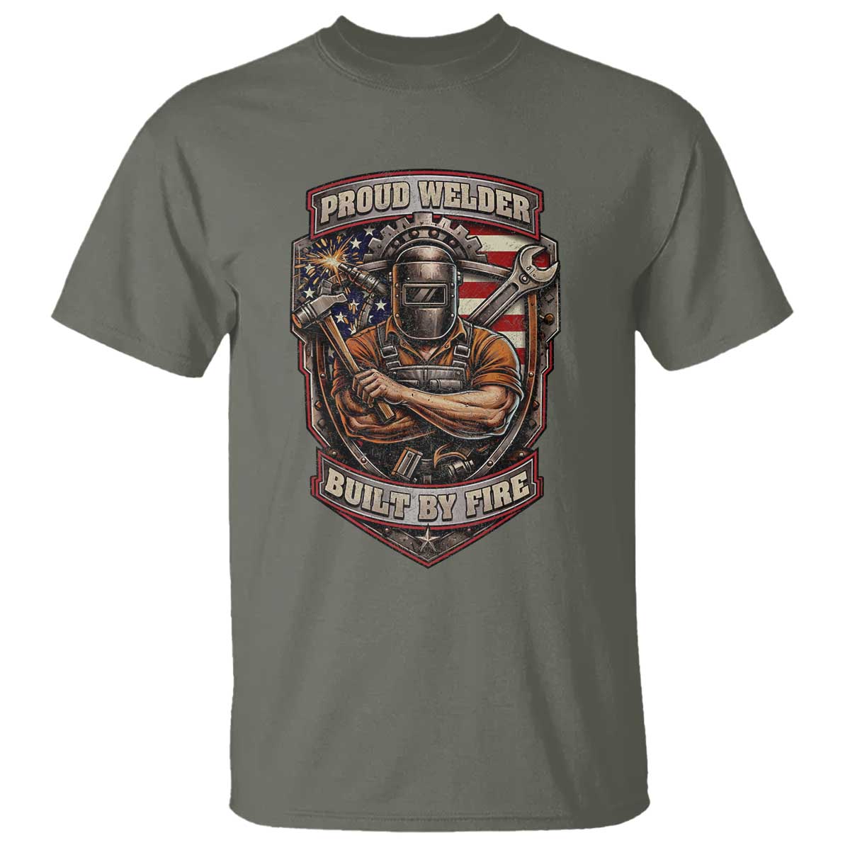 Vintage Proud American Welder T Shirt Built By Fire Blue Collar Dad Gift TS12 Military Green Print Your Wear