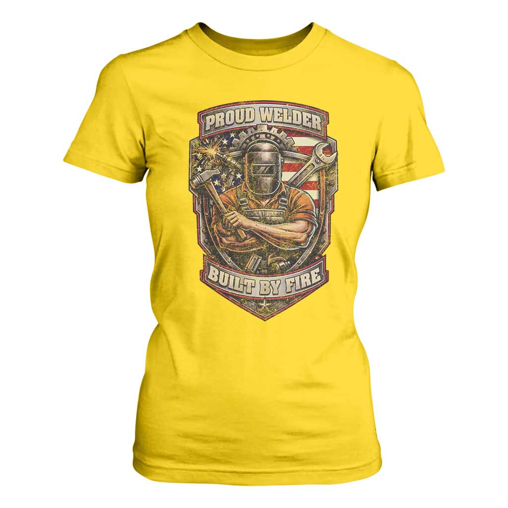 Vintage Proud American Welder T Shirt For Women Built By Fire Blue Collar Dad Gift TS12 Daisy Print Your Wear