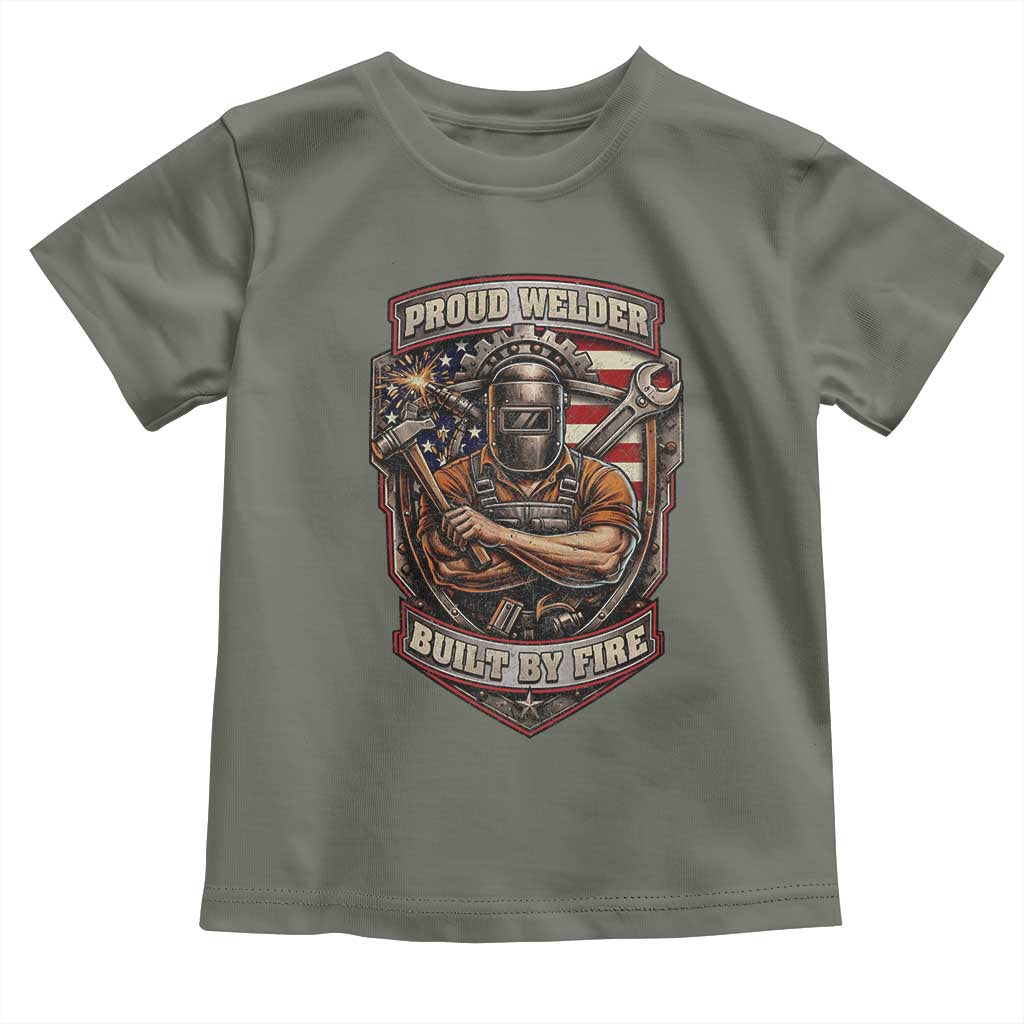 Vintage Proud American Welder Toddler T Shirt Built By Fire Blue Collar Dad Gift TS12 Military Green Print Your Wear