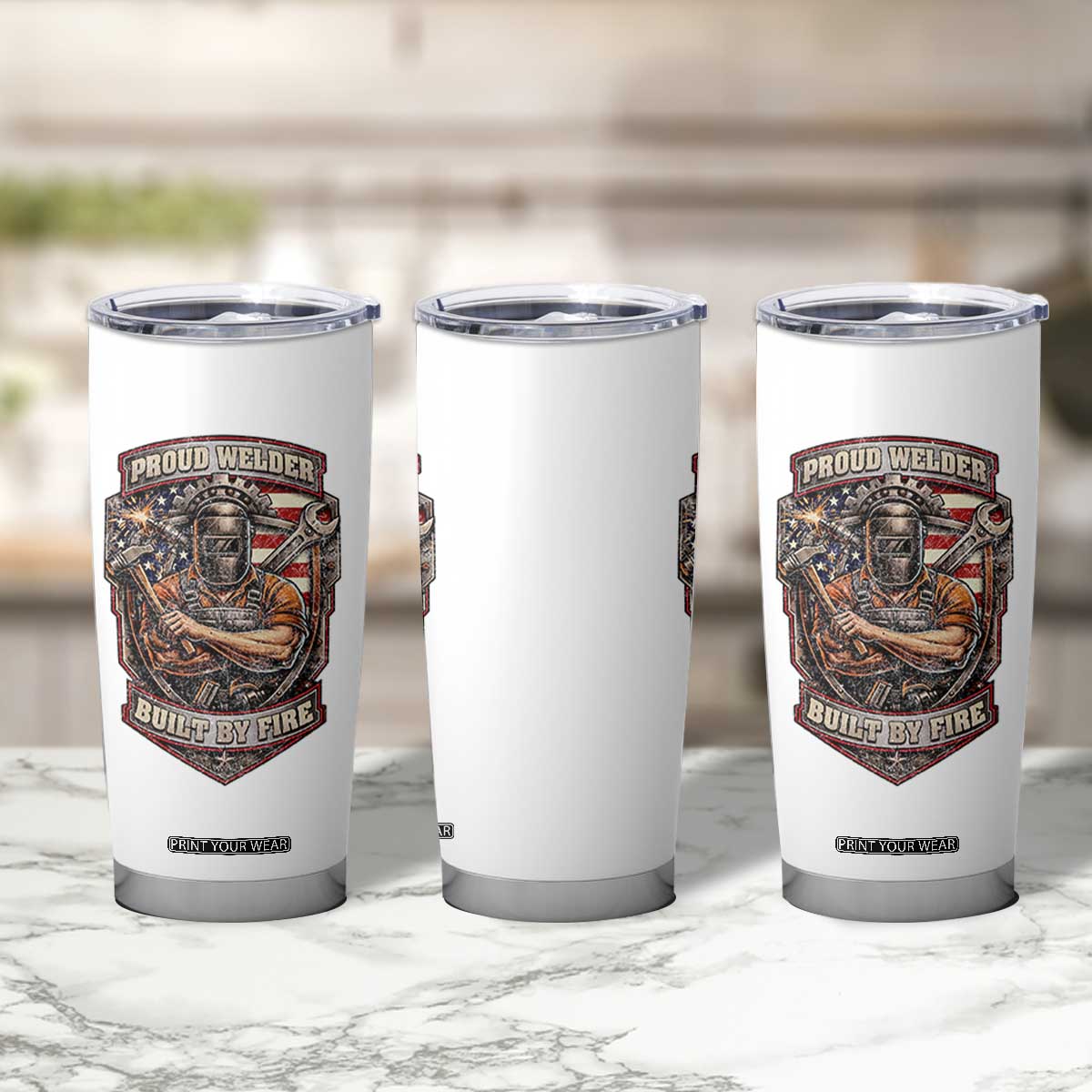 Vintage Proud American Welder Tumbler Cup Built By Fire Blue Collar Dad Gift TS12 Print Your Wear